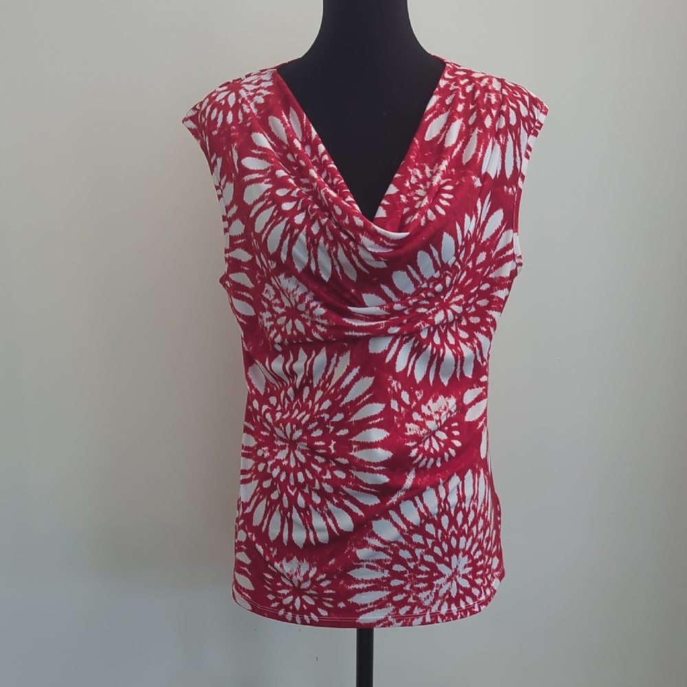 Michael Kors Red White Floral Burst Cowl Neck Sleeveless Tank Top Blouse LARGE